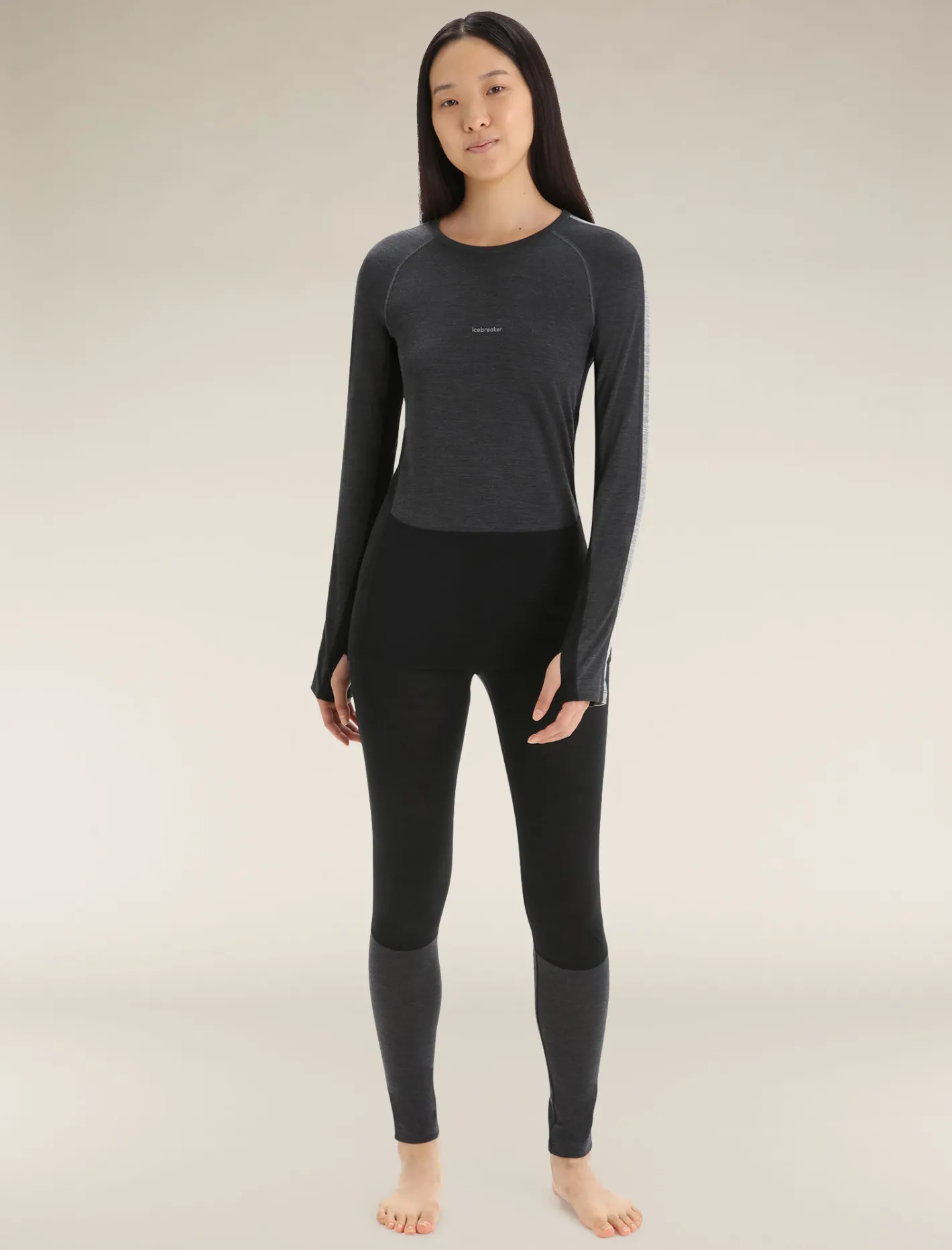 Icebreaker Base Layers^Women's 125 ZoneKnit™ Long Sleeve Crewe Thermal Top JetHeather/Black